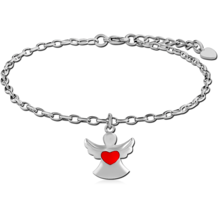 SURGICAL STEEL OVAL ROLLO CHAIN ANKLET WITH CHARM WITH ENAMEL - ANGEL