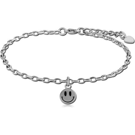 SURGICAL STEEL OVAL ROLLO CHAIN ANKLET WITH CHARM - SMILEY