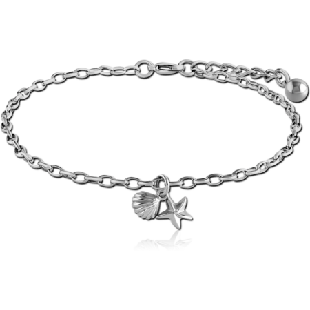 SURGICAL STEEL OVAL ROLLO CHAIN ANKLET WITH CHARM - SEASHELL STARFISH
