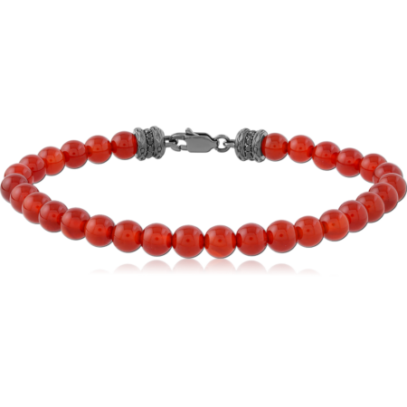 HEMETITE PVD COATED SURGICAL STEEL ELLASTIC BRACELET WITH RED AGATE STONE BEADS