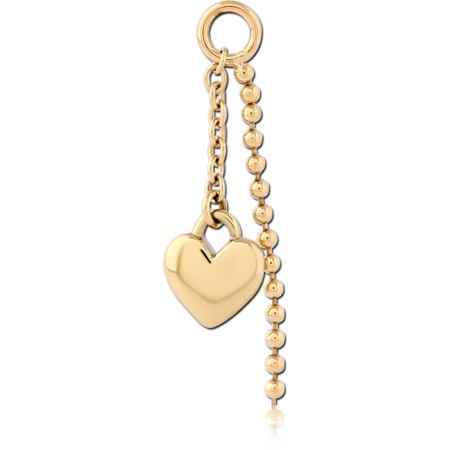 14K YELLOW GOLD CHARM HEART WITH BEADED AND CABLE CHAIN DROPS