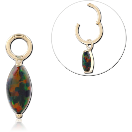14K GOLD CHARM MARQUISE BLACK OPAL CABOCHON PRONG SET DROP