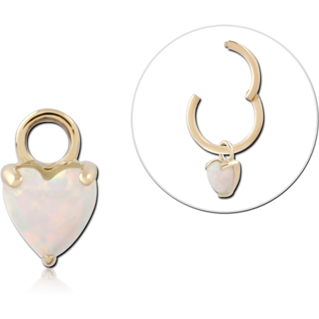 14K GOLD CHARM HEART WHITE OPAL CABOCHON PRONG SET DROP