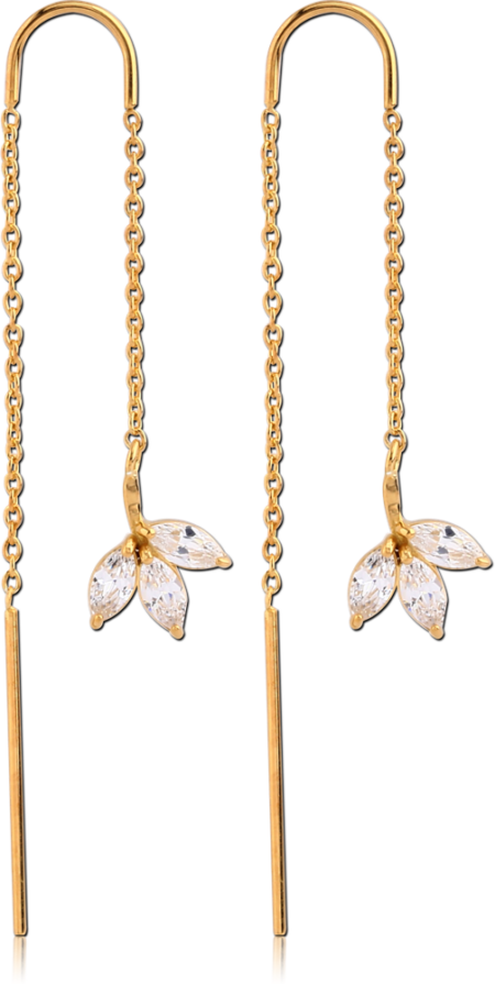 GOLD PVD COATED SURGICAL STEEL CHAIN JEWELED EARRINGS PAIR - LEAF