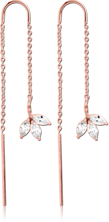 ROSE GOLD PVD COATED SURGICAL STEEL CHAIN JEWELED EARRINGS PAIR - LEAF