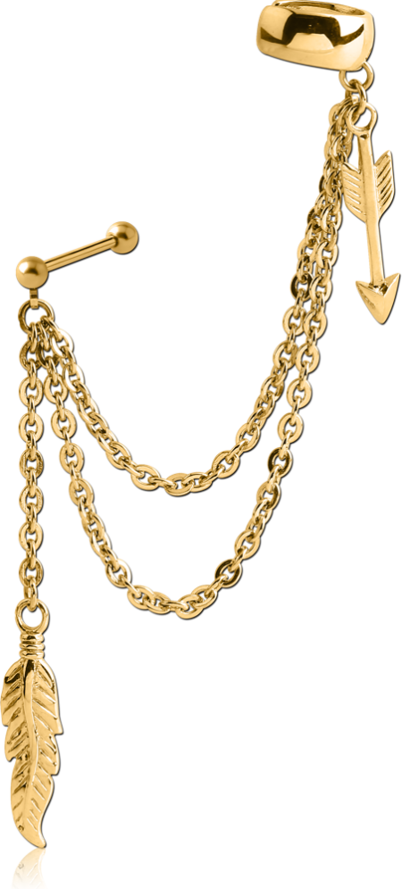 GOLD PVD COATED SURGICAL STEEL EAR CUFF CHAIN WITH FEATHER AND ARROW