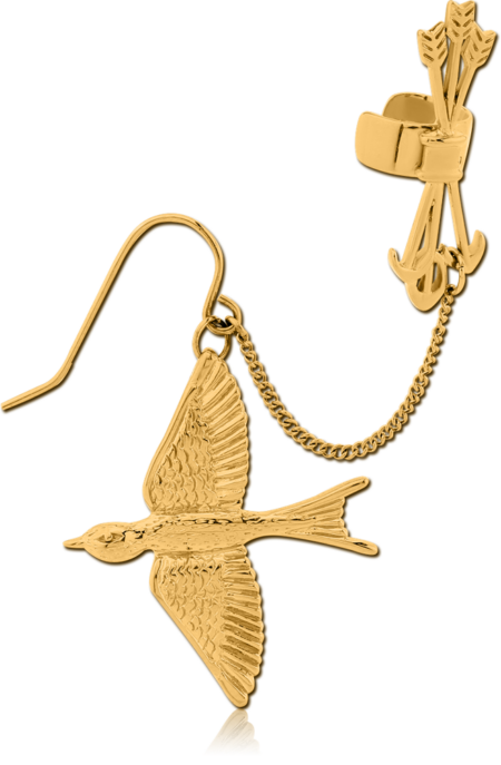 GOLD PVD COATED SURGICAL STEEL EAR CUFF WITH CHAIN AND EARRING - BIRD