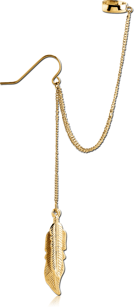 GOLD PVD COATED SURGICAL STEEL EAR CUFF WITH CHAIN AND EARRING - DANGLING FEATHER