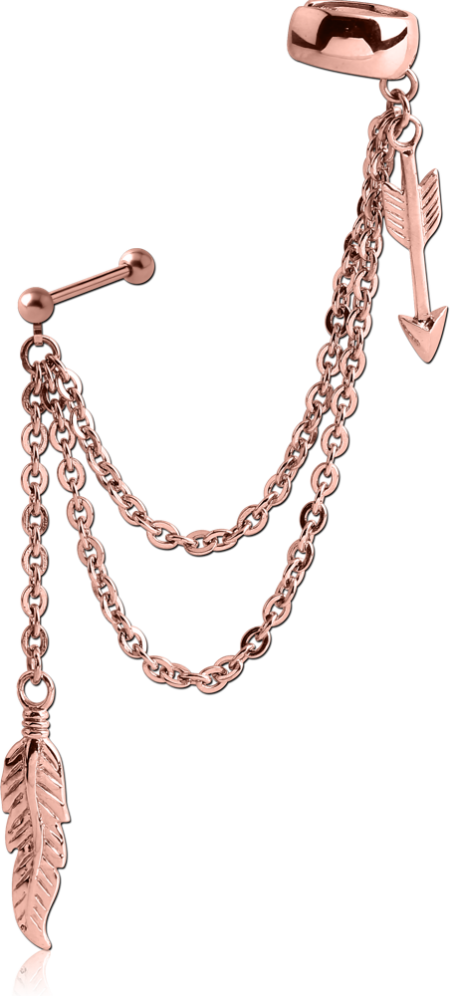 ROSE GOLD PVD COATED SURGICAL STEEL EAR CUFF CHAIN WITH FEATHER AND ARROW