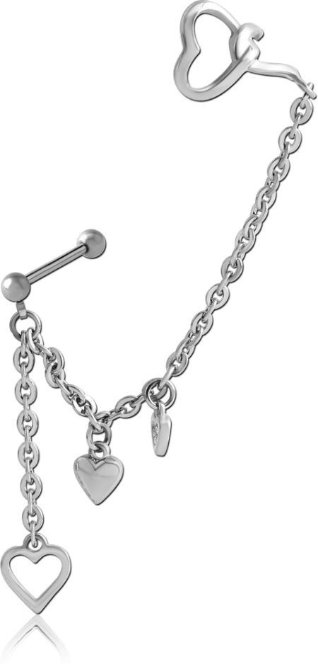 SURGICAL STEEL JEWELED EAR CUFF CHAIN WITH FOUR HEARTS
