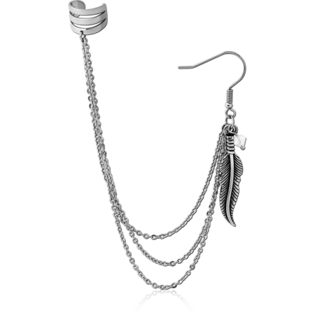 SURGICAL STEEL EAR CUFF - FEATHER WITH CHAIN