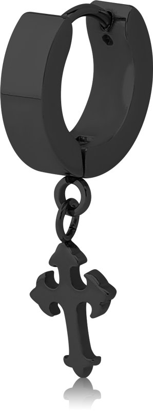 BLACK PVD COATED STAINLESS STEEL HUGGIE EARRING WITH CROSS DANGLING CHARM