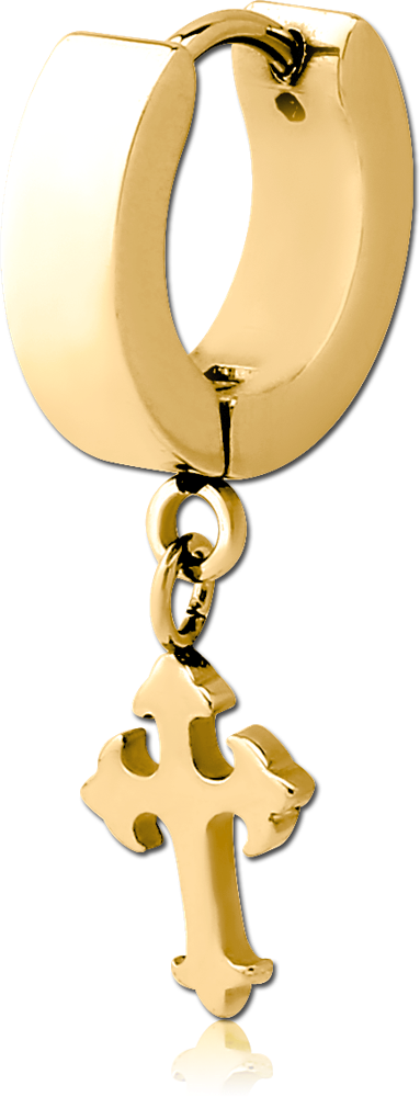 GOLD PVD COATED STAINLESS STEEL HUGGIES PAIR WITH DANGLING CROSS