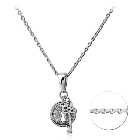 STERLING SILVER 925 RHODIUM PLATED  JEWELED NECKLACE WITH PENDANT - ROUND LOCK WITH KEY