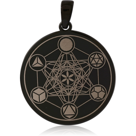 BLACK PVD COATED SURGICAL STEEL PENDANT ROUND GEOMETRIC ENGRAVED DISC MEDALLION