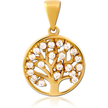 GOLD PVD COATED SURGICAL STEEL JEWELED PENDANT-TREE