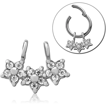 SURGICAL STEEL SLIDING JEWELED CHARM FOR HINGED SEGMENT RING - TRIPLE FLOWER