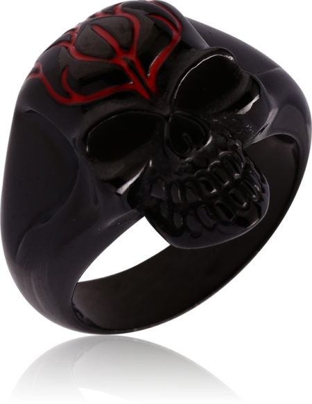 BLACK PVD COATED SURGICAL STEEL RING WITH ENAMEL - SKULL