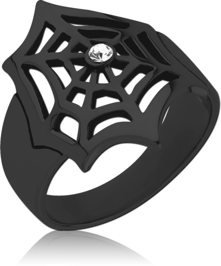 BLACK PVD COATED SURGICAL STEEL JEWELED RING - SPIDER WEB