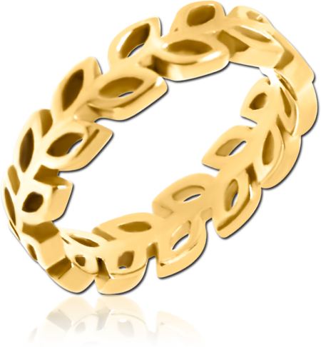 GOLD PVD COATED SURGICAL STEEL RING - LEAVES ALL AROUND