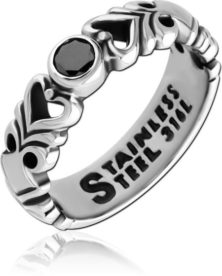 SURGICAL STEEL JEWELED RING - HEART AND FILIGREE