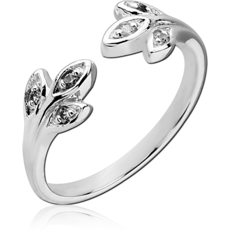 STERLING SILVER 925 JEWELED OPEN RING - LEAF