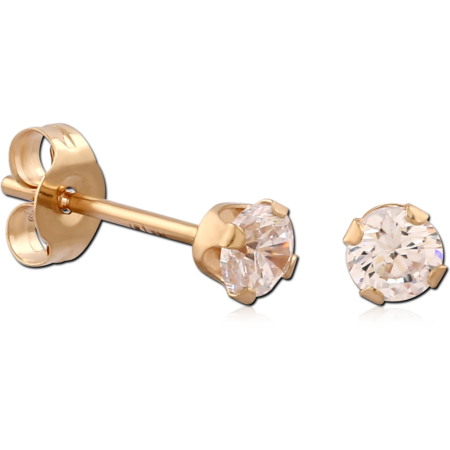 14K GOLD STUD EARRINGS ROUND CZ THREE PRONG