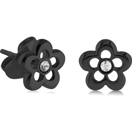 BLACK PVD COTAED SURGICAL STEEL EAR STUDS PAIR - FLOWER