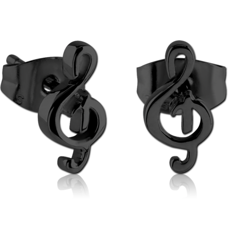 BLACK PVD COATED SURGICAL STEEL EAR STUDS PAIR - MUSIC NOTE