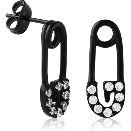 BLACK PVD COATED SURGICAL STEEL JEWELED EAR STUDS PAIR