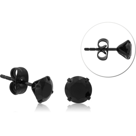 BLACK PVD COATED SURGICAL STEEL ROUND PRONG SET JEWELED EAR STUDS PAIR