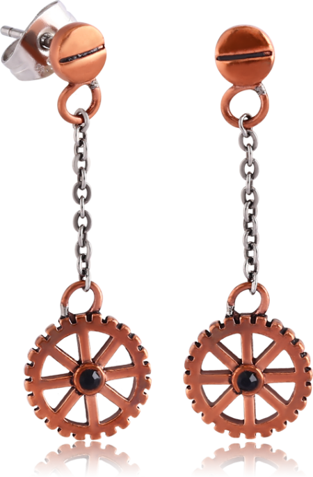 SURGICAL STEEL JEWELED EAR STUDS PAIR - DANGLING STEAMPUNK