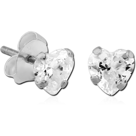 STERLING SILVER 925 JEWELED PRONG SET HEART EAR STUDS PAIR
