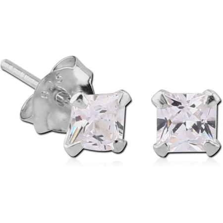STERLING SILVER 925 JEWELED PRONG SET SQUARE EAR STUDS PAIR