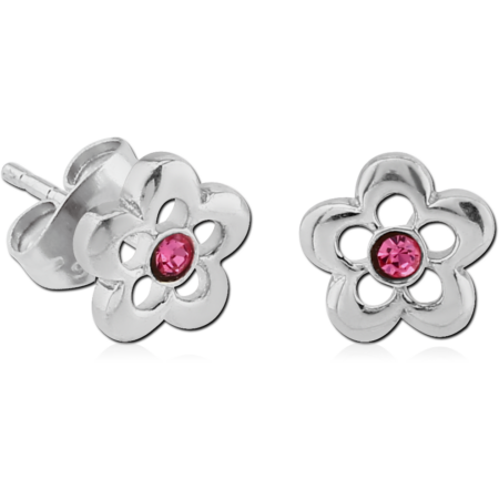 STERLING SILVER 925 FLOWER EAR STUDS WITH JEWEL PAIR
