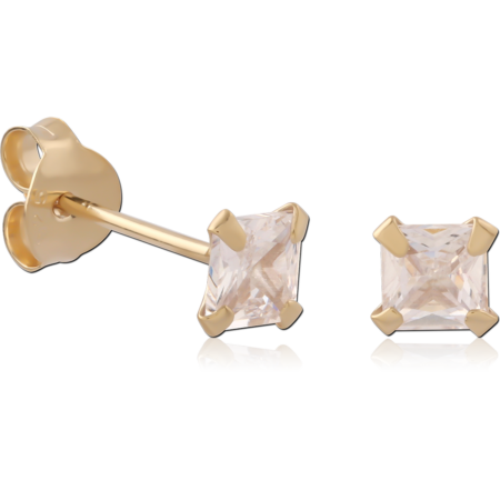 STERLING SILVER 925 GOLD PLATED 18K JEWELED PRONG SET SQUARE EAR STUDS PAIR