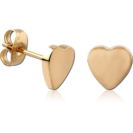 GOLD PVD 18K COATED SURGICAL STEEL EAR STUDS PAIR - HEART FLAT