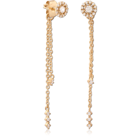 GOLD PVD 18K COATED SURGICAL STEEL JEWELED CHAIN EAR STUDS PAIR