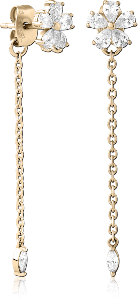 GOLD PVD 18K COATED SURGICAL STEEL JEWELED CHAIN EAR STUDS PAIR