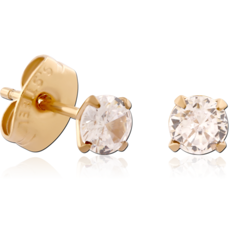 GOLD PVD 18K COATED SURGICAL STEEL ROUND PRONG SET JEWELED EAR STUDS PAIR