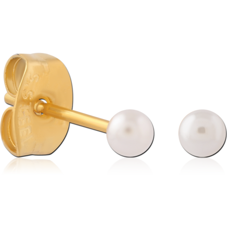 GOLD PVD COATED PAIR OF SYNTHETIC PEARL BALL EAR STUDS