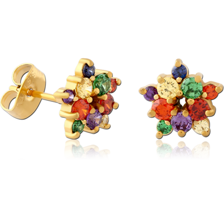 GOLD PVD COATED SURGICAL STEEL JEWELED EAR STUDS PAIR - FLOWER