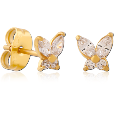 GOLD PVD COATED SURGICAL STEEL JEWELED EAR STUDS PAIR - BUTTEFLY