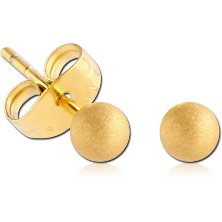 GOLD PVD COATED SURGICAL STEEL EAR STUDS PAIR - SANDBLAST BALL 4MM