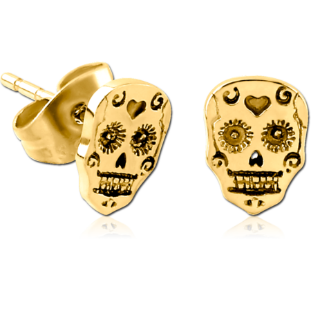 GOLD PVD COATED SURGICAL STEEL EAR STUDS PAIR - FANCY SKULL
