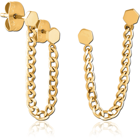 GOLD PVD COATED SURGICAL STEEL EAR STUDS WITH CHAIN