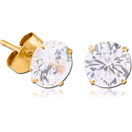 GOLD PVD COATED SURGICAL STEEL ROUND PRONG SET JEWELED EAR STUDS PAIR