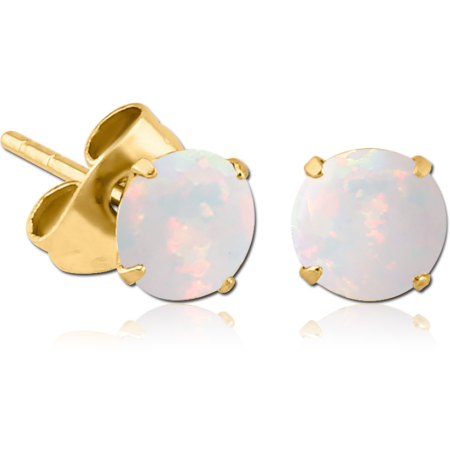 GOLD PVD COATED SURGICAL STEEL ROUND SYNTHETIC OPAL PRONG SET JEWELED EAR STUDS PAIR