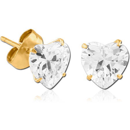 GOLD PVD COATED SURGICAL STEEL HEART PRONG SET JEWELED EAR STUDS PAIR