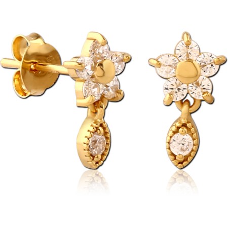 STERLING SILVER 925 GOLD PLATED JEWELED EAR STUDS PAIR